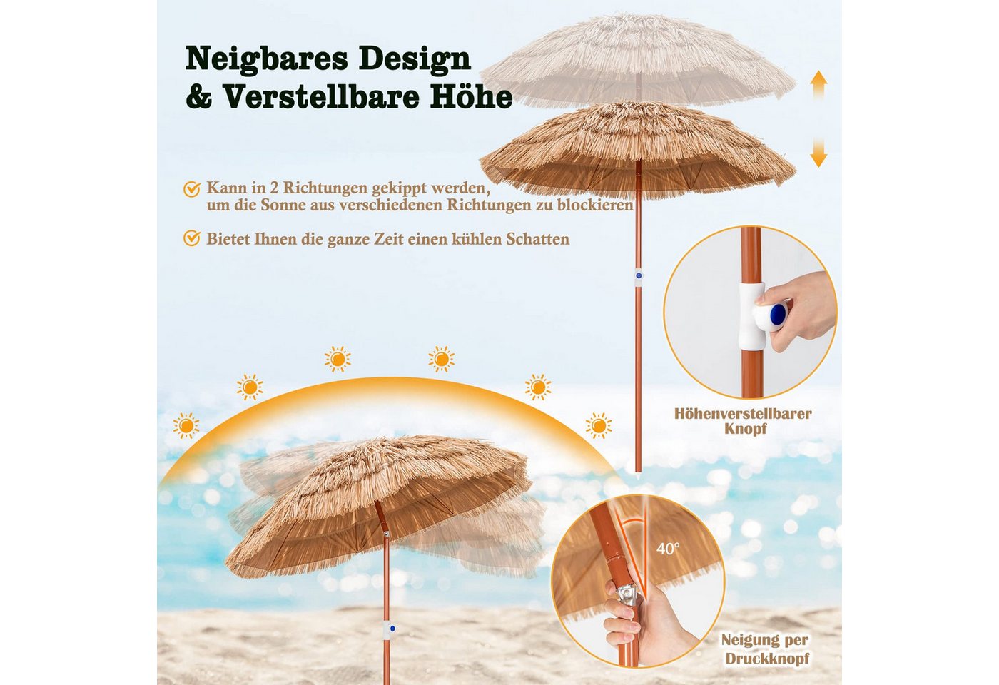 COSTWAY Sonnenschirm, Ø175cm Hawaii Strandschirm höhenverstellbar & neigbar – Bild 3 von 5