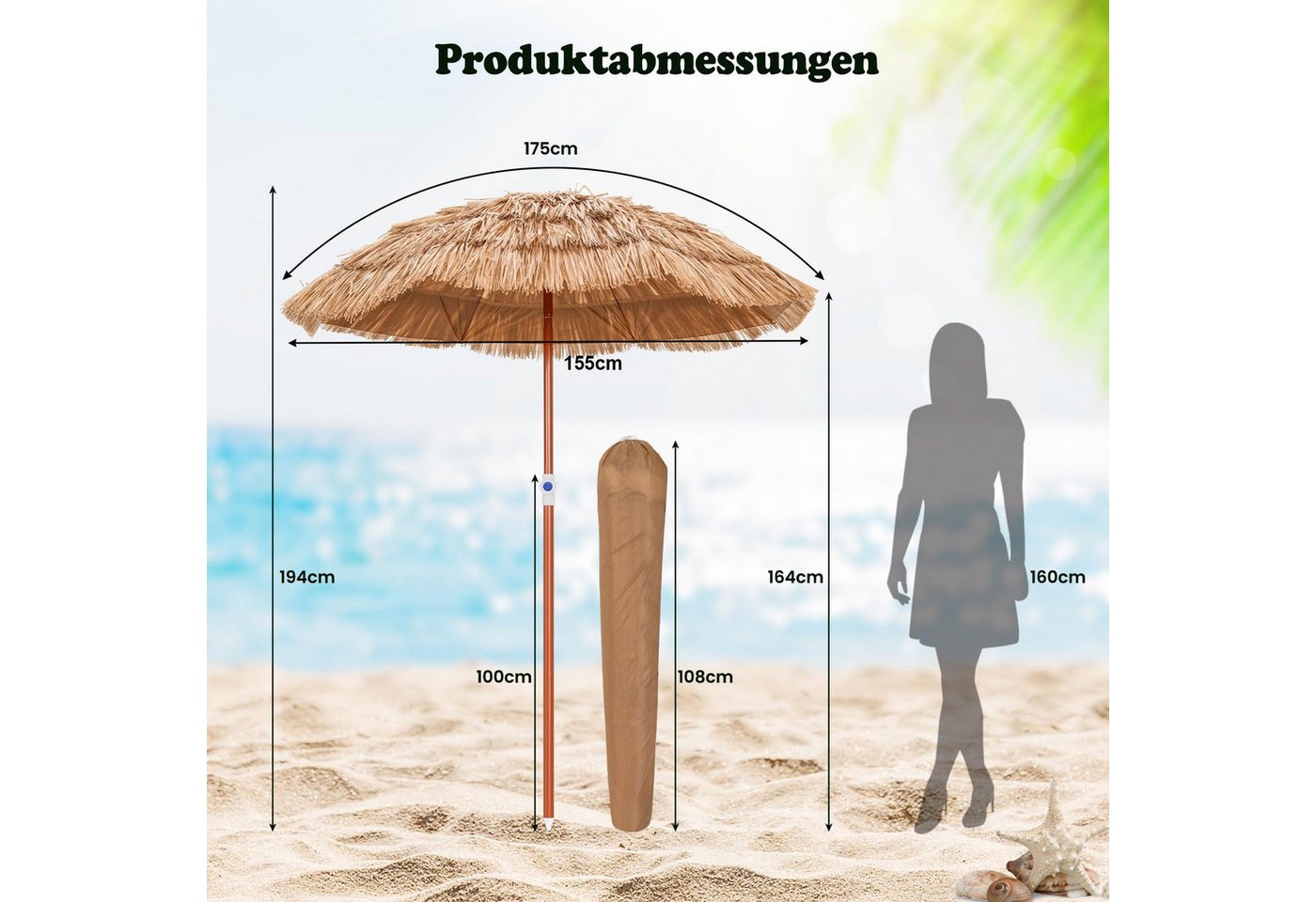 COSTWAY Sonnenschirm, Ø175cm Hawaii Strandschirm höhenverstellbar & neigbar – Bild 5 von 5
