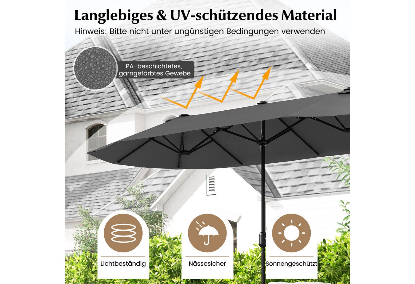 COSTWAY Sonnenschirm 400x200cm Gartenschirm, mit Ständer, Kurbel, UPF 50+ – Bild 4 von 5