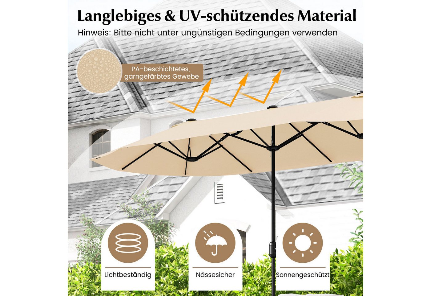 COSTWAY Sonnenschirm 400x200cm Gartenschirm, mit Ständer, Kurbel, UPF 50+ – Bild 4 von 5