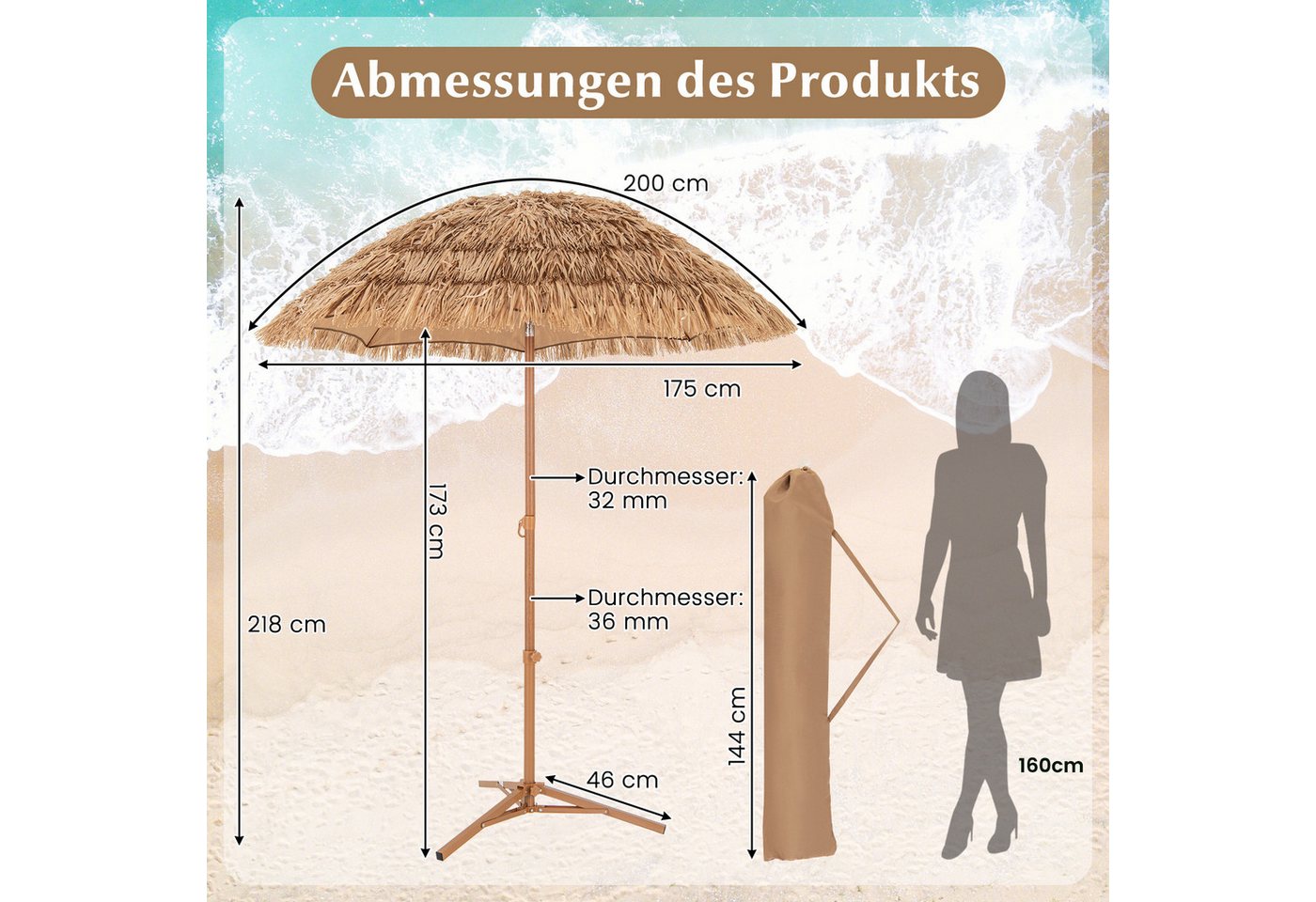 COSTWAY Sonnenschirm, Hawaii Gartenschirm neigbar & klappbar – Bild 2 von 5