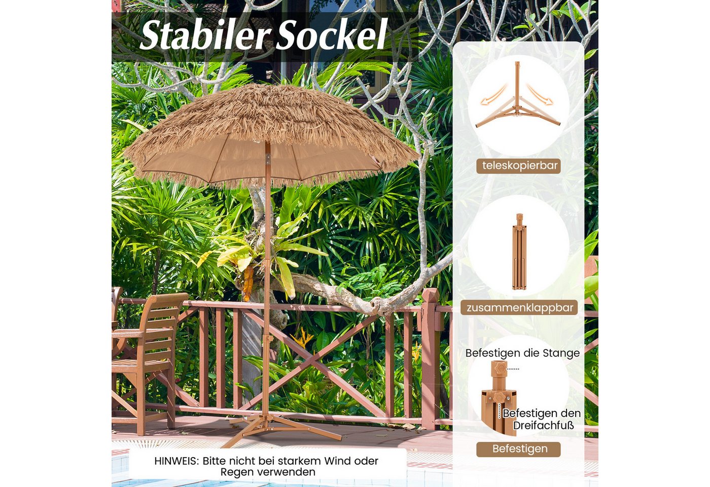 COSTWAY Sonnenschirm, Hawaii Gartenschirm neigbar & klappbar – Bild 4 von 5