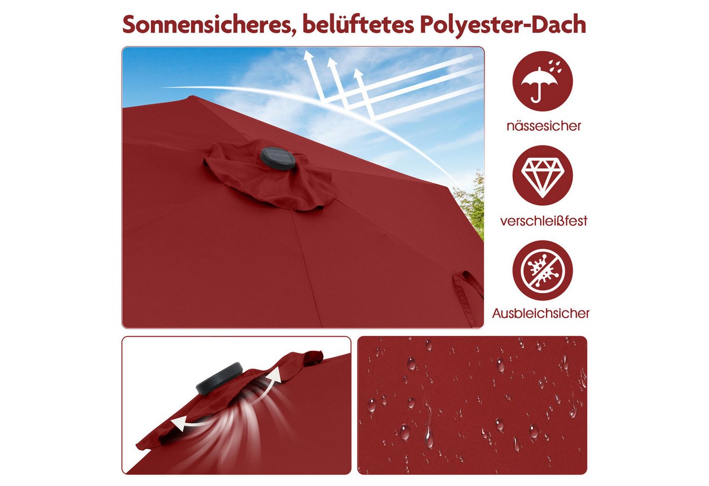 COSTWAY Sonnenschirm, LxB: 230x230 cm, mit LED-Solar-Beleuchtung, Kurbel, neigbar – Bild 3 von 5