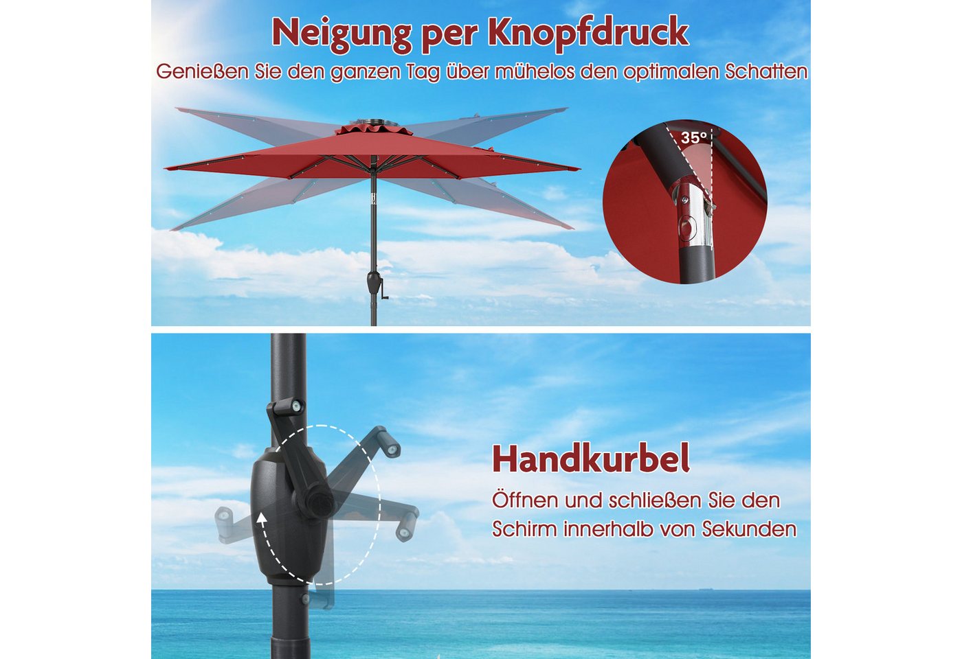COSTWAY Sonnenschirm, LxB: 230x230 cm, mit LED-Solar-Beleuchtung, Kurbel, neigbar – Bild 4 von 5