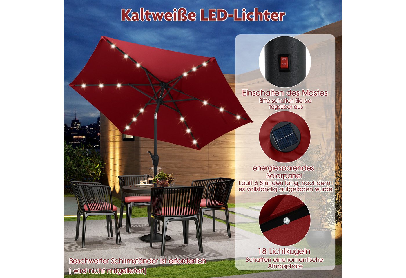 COSTWAY Sonnenschirm, LxB: 230x230 cm, mit LED-Solar-Beleuchtung, Kurbel, neigbar – Bild 5 von 5
