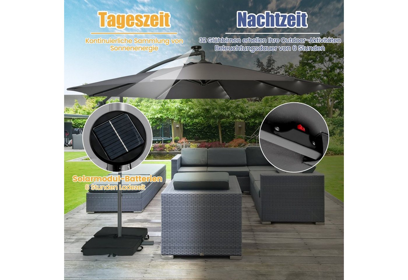 COSTWAY Sonnenschirm Gartenschirm, mit Ständer, 40 Solar LED Leuchten – Bild 3 von 5