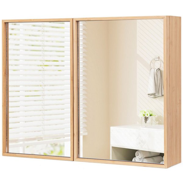 COSTWAY Spiegelschrank Bambus, mit 2 Türen, 2 verstellbaren Regalen, 65cm