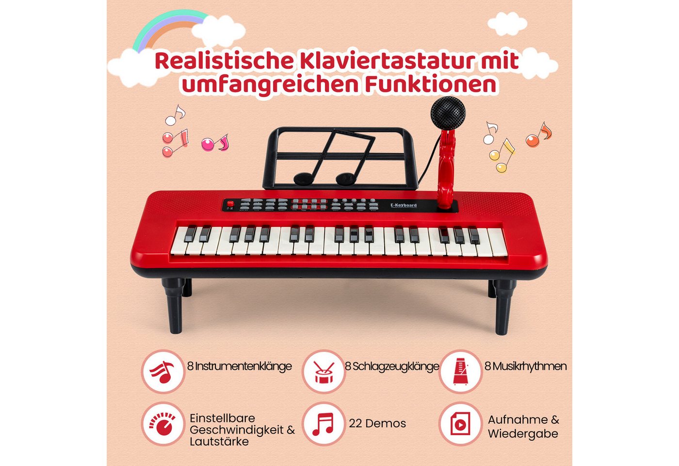 COSTWAY Spielzeug-Musikinstrument, 37-Tasten mit Mikrofon, Notenständer & abnehmbare Beine – Bild 4 von 5