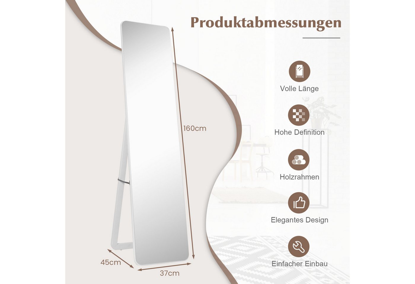 COSTWAY Standspiegel, Ganzkörperspiegel stehend/ Wandmontage, 160 x 37 cm – Bild 5 von 5