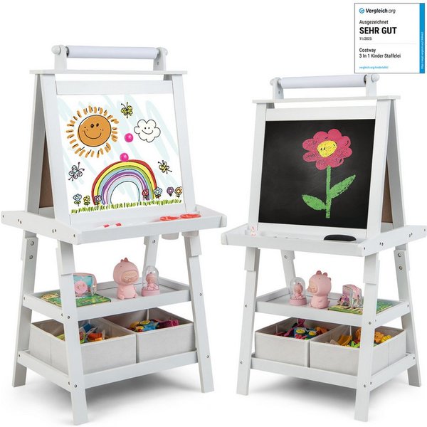 COSTWAY Standtafel Kinder Staffelei, doppelseitig, mit Magneten & 2 Boxen