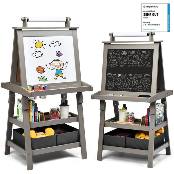 COSTWAY Standtafel Kinder Staffelei, doppelseitig, mit Magneten & 2 Boxen