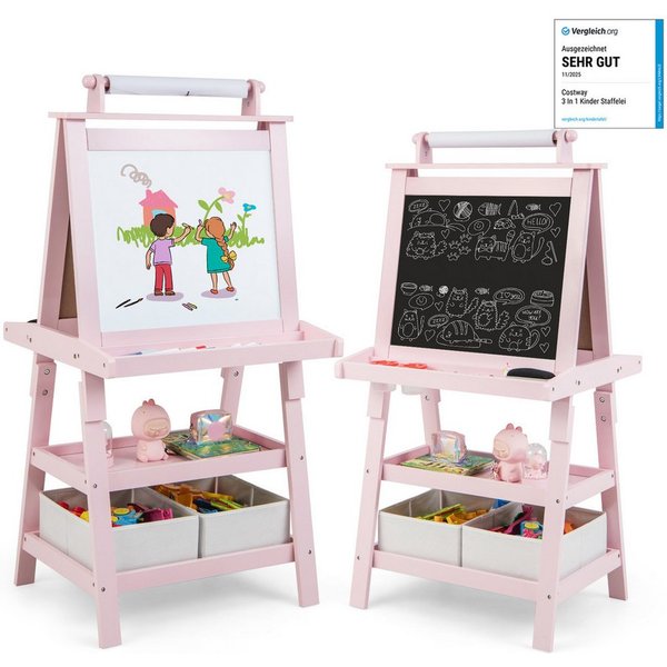 COSTWAY Standtafel Kinder Staffelei, doppelseitig, mit Magneten & 2 Boxen