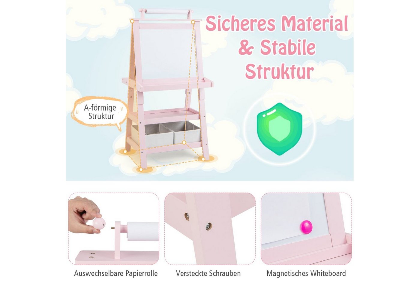 COSTWAY Standtafel Kinder Staffelei, doppelseitig, mit Magneten & 2 Boxen – Bild 2 von 5
