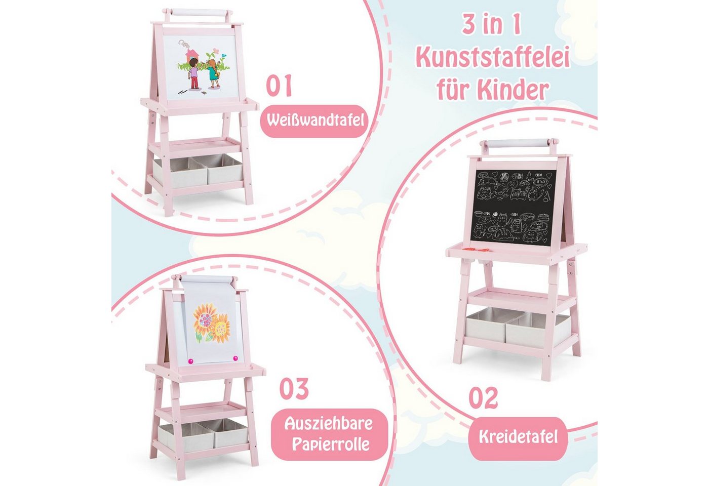 COSTWAY Standtafel Kinder Staffelei, doppelseitig, mit Magneten & 2 Boxen – Bild 3 von 5