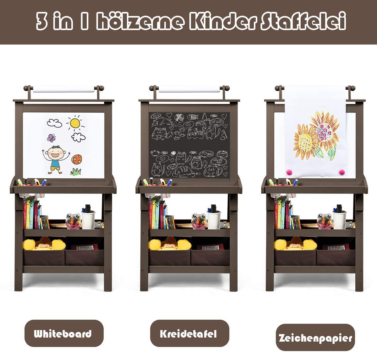 COSTWAY Standtafel Kinder Staffelei, doppelseitig, mit Magneten & 2 Boxen – Bild 4 von 5