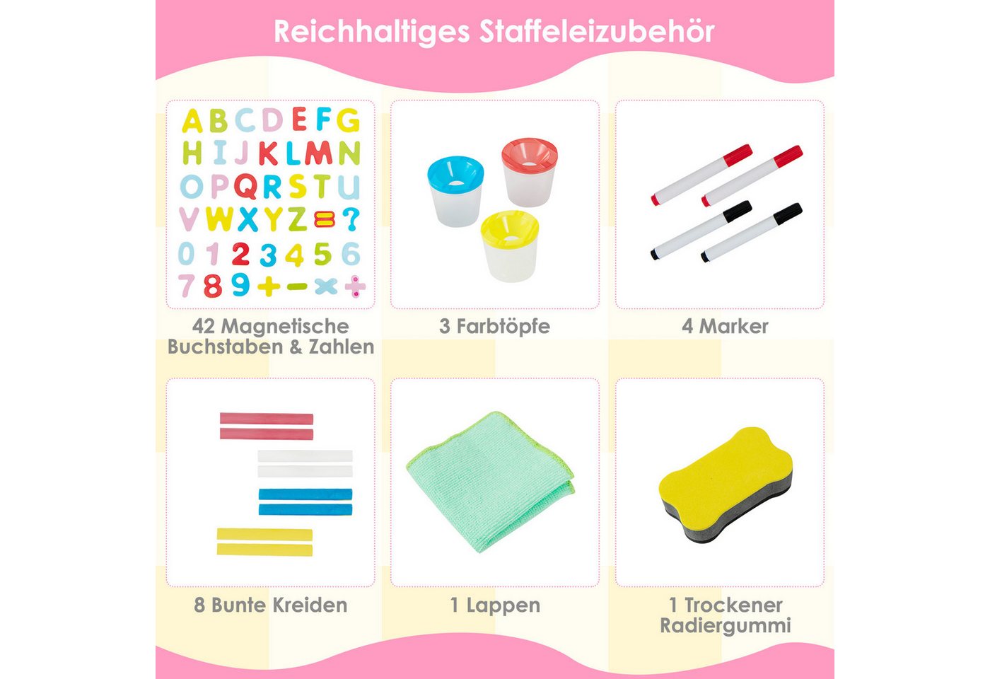 COSTWAY Standtafel Kinder Staffelei, höhenverstellbar mit 60 Zubehör – Bild 2 von 5