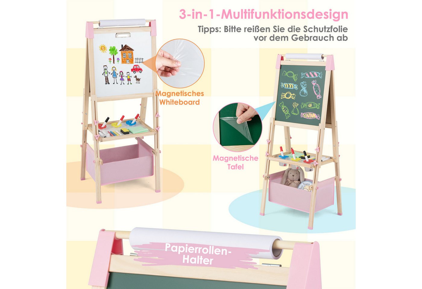 COSTWAY Standtafel Kinder Staffelei, höhenverstellbar mit 60 Zubehör – Bild 3 von 5