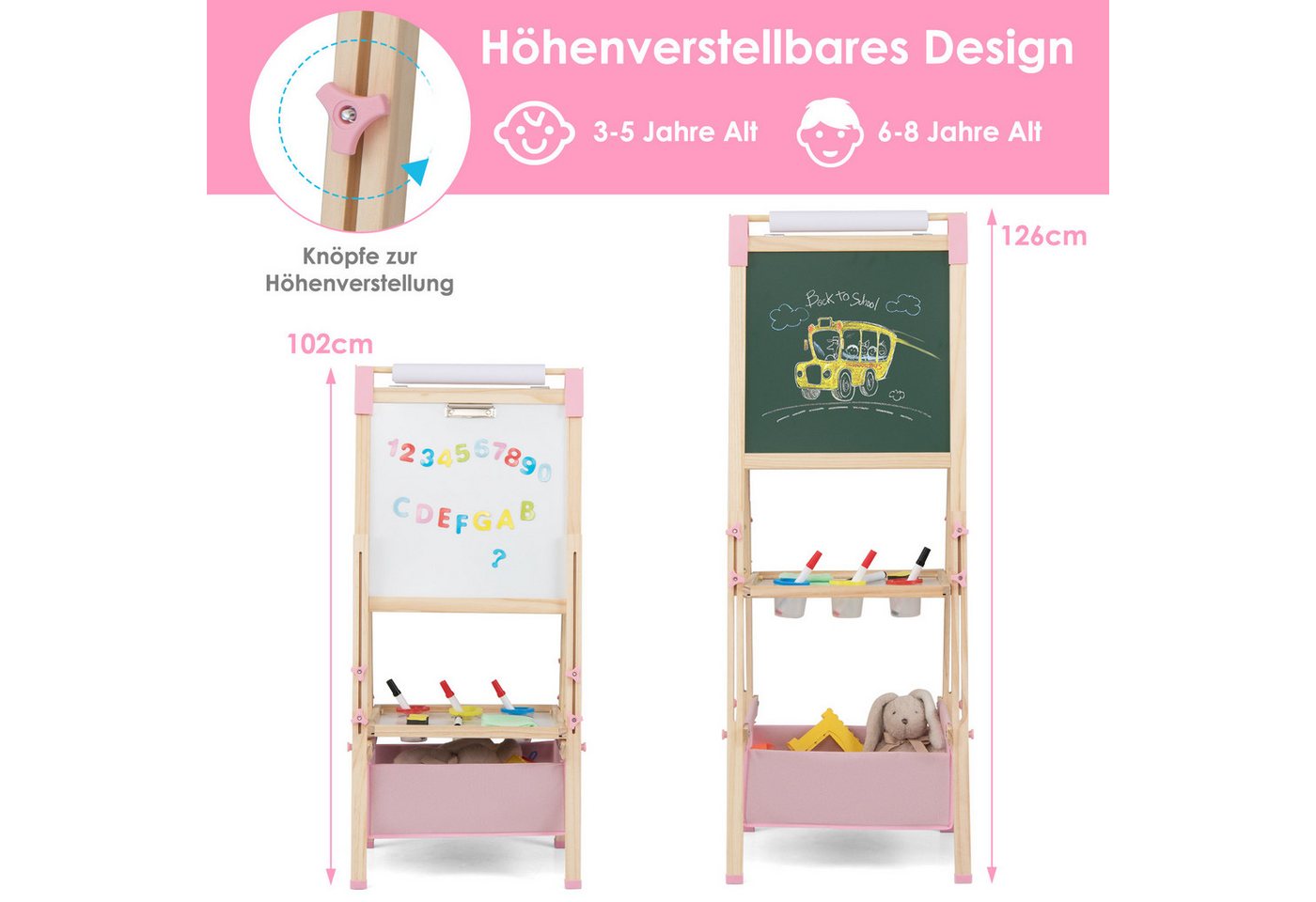 COSTWAY Standtafel Kinder Staffelei, höhenverstellbar mit 60 Zubehör – Bild 4 von 5