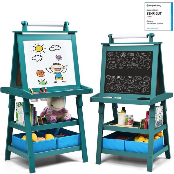COSTWAY Standtafel Kinder Staffelei, doppelseitig, mit Magneten & 2 Boxen