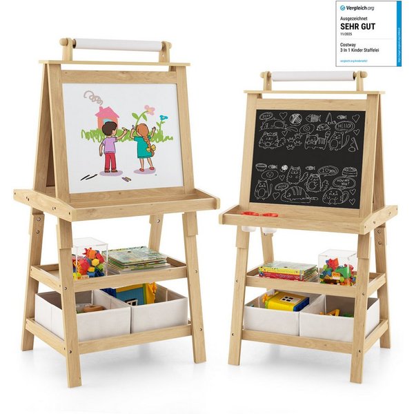 COSTWAY Standtafel Kinder Staffelei, doppelseitig, mit Magneten & 2 Boxen