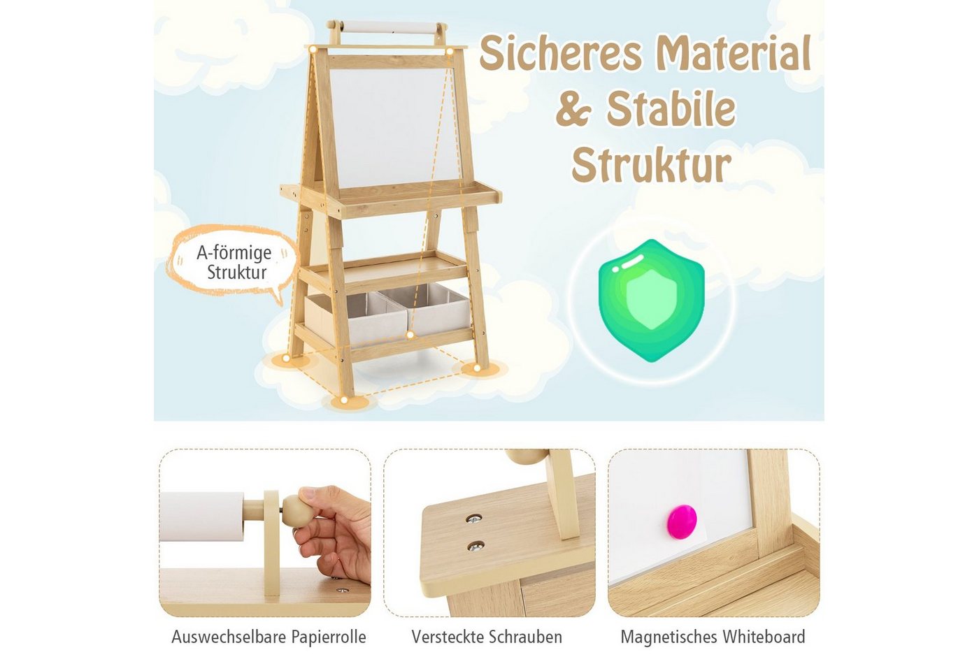 COSTWAY Standtafel Kinder Staffelei, doppelseitig, mit Magneten & 2 Boxen – Bild 2 von 5