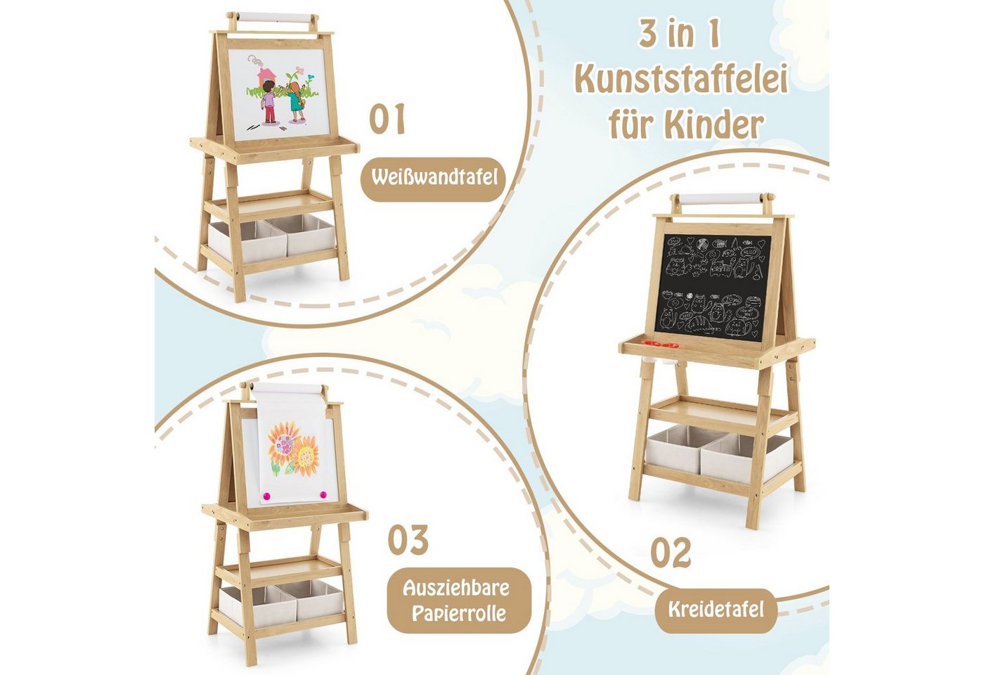 COSTWAY Standtafel Kinder Staffelei, doppelseitig, mit Magneten & 2 Boxen – Bild 3 von 5