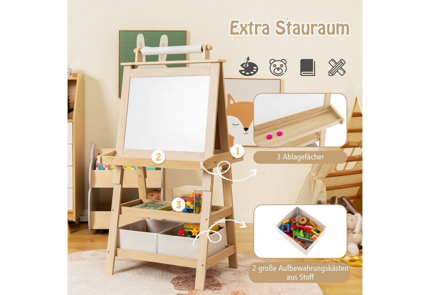 COSTWAY Standtafel Kinder Staffelei, doppelseitig, mit Magneten & 2 Boxen – Bild 5 von 5