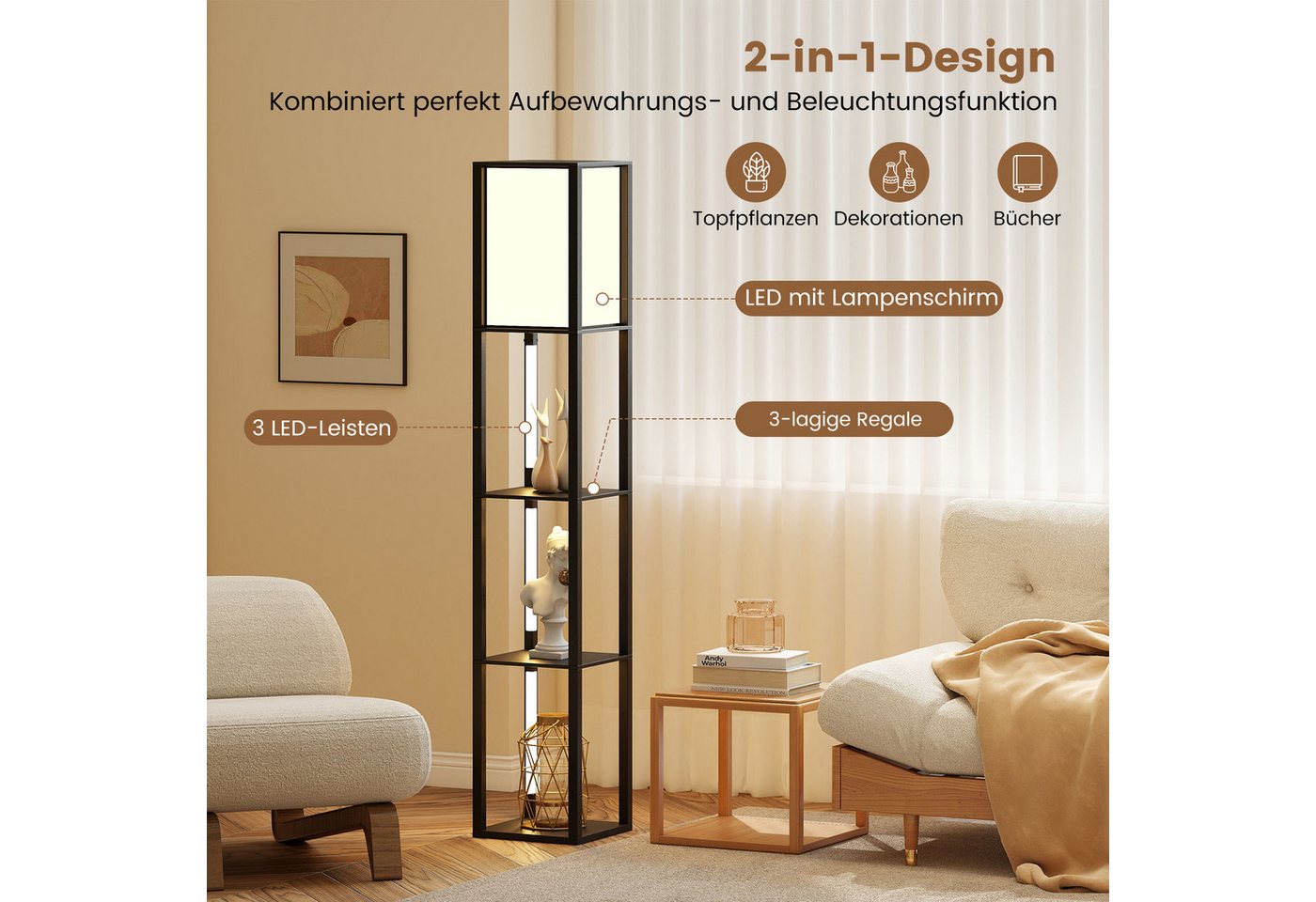COSTWAY Stehlampe, mit 3-stufig einstellbaren LED-Streifen und Fußschalter – Bild 4 von 5