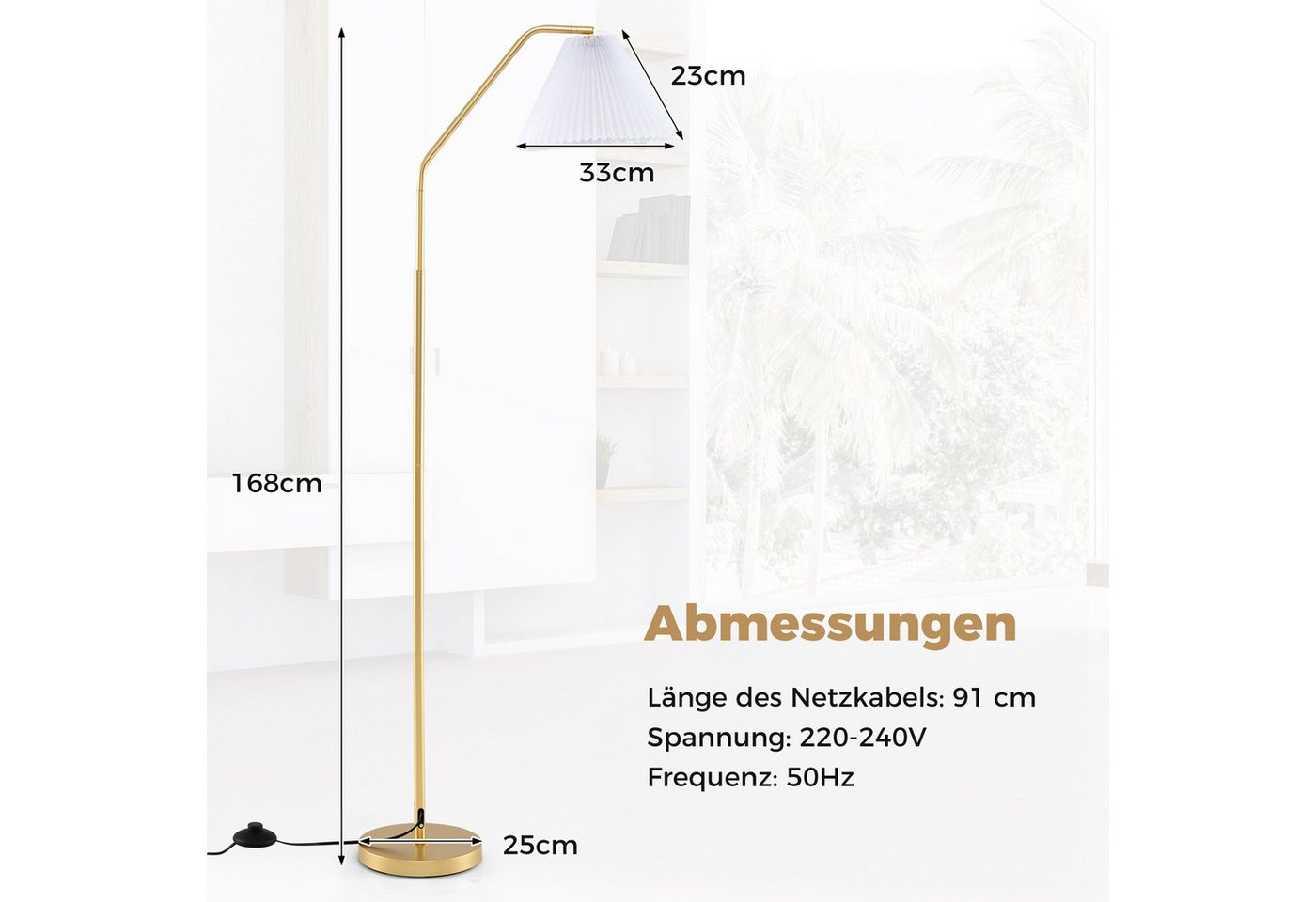 COSTWAY Stehlampe, 168cm mit verstellbarem Lampenkopf & Fußschalter – Bild 3 von 5