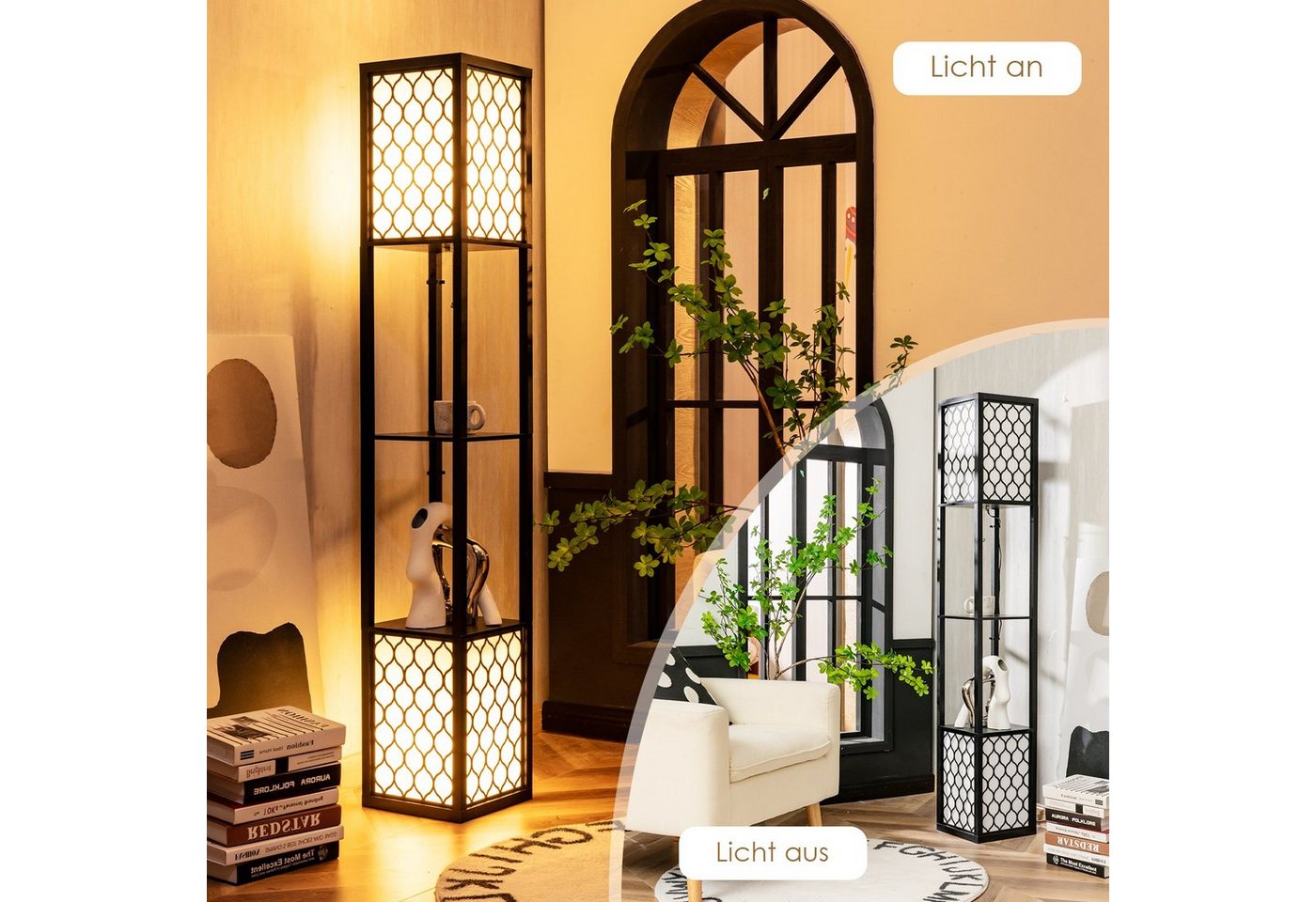 COSTWAY Stehlampe, Stehleuchte 156cm, mit Regal, Zugkette & Fußschalter – Bild 2 von 5