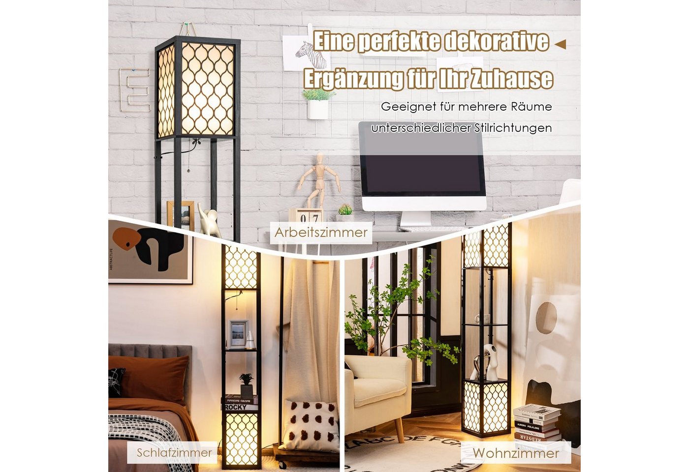 COSTWAY Stehlampe, Stehleuchte 156cm, mit Regal, Zugkette & Fußschalter – Bild 3 von 5