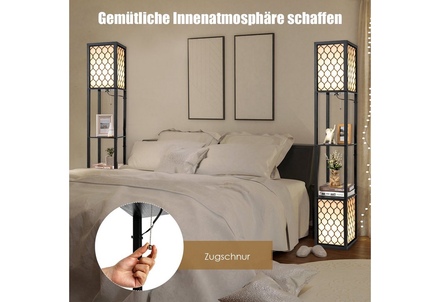 COSTWAY Stehlampe, Stehleuchte 156cm, mit Regal, Zugkette & Fußschalter – Bild 4 von 5