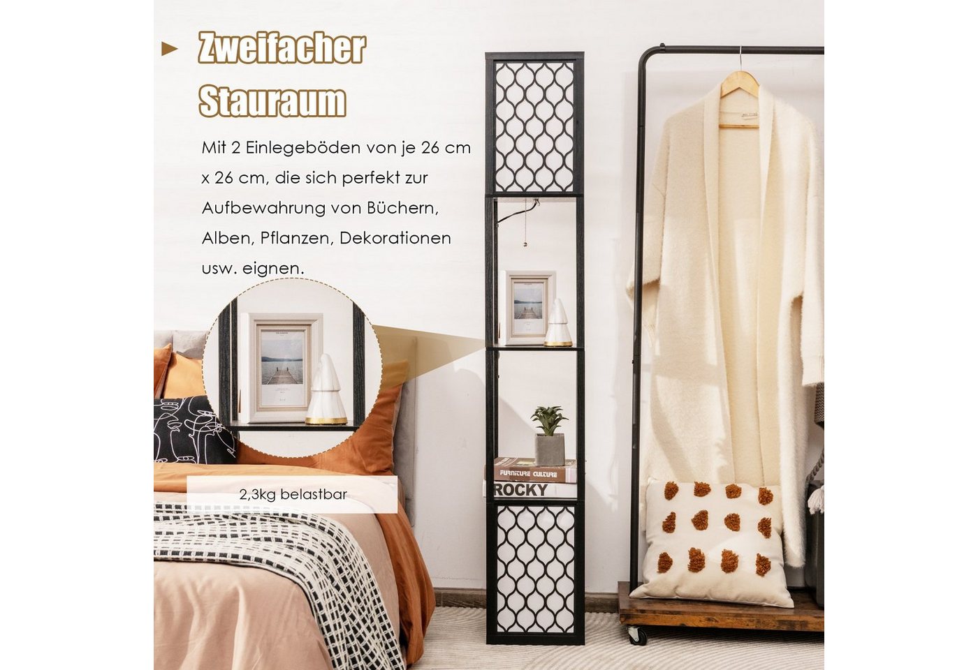 COSTWAY Stehlampe, Stehleuchte 156cm, mit Regal, Zugkette & Fußschalter – Bild 5 von 5