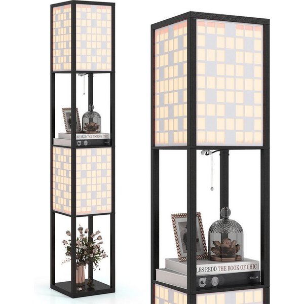 COSTWAY Stehlampe, 156cm Holzregal, Fußschalter, Würfel Muster-Lampenschirmen