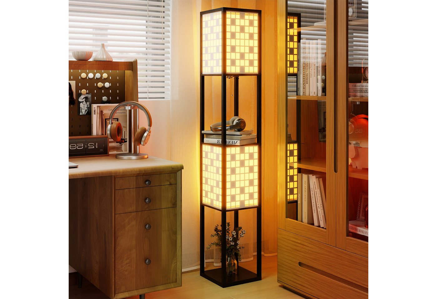 COSTWAY Stehlampe, 156cm Holzregal, Fußschalter, Würfel Muster-Lampenschirmen – Bild 2 von 5