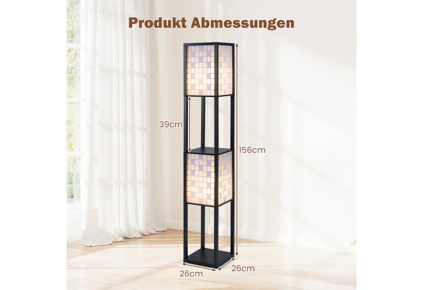 COSTWAY Stehlampe, 156cm Holzregal, Fußschalter, Würfel Muster-Lampenschirmen – Bild 3 von 5