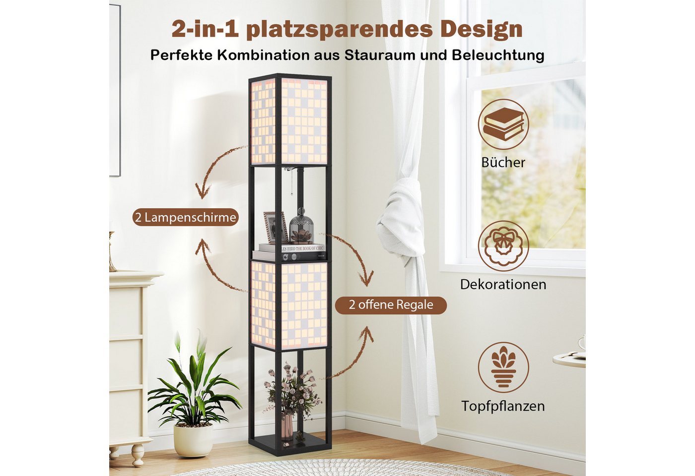 COSTWAY Stehlampe, 156cm Holzregal, Fußschalter, Würfel Muster-Lampenschirmen – Bild 4 von 5