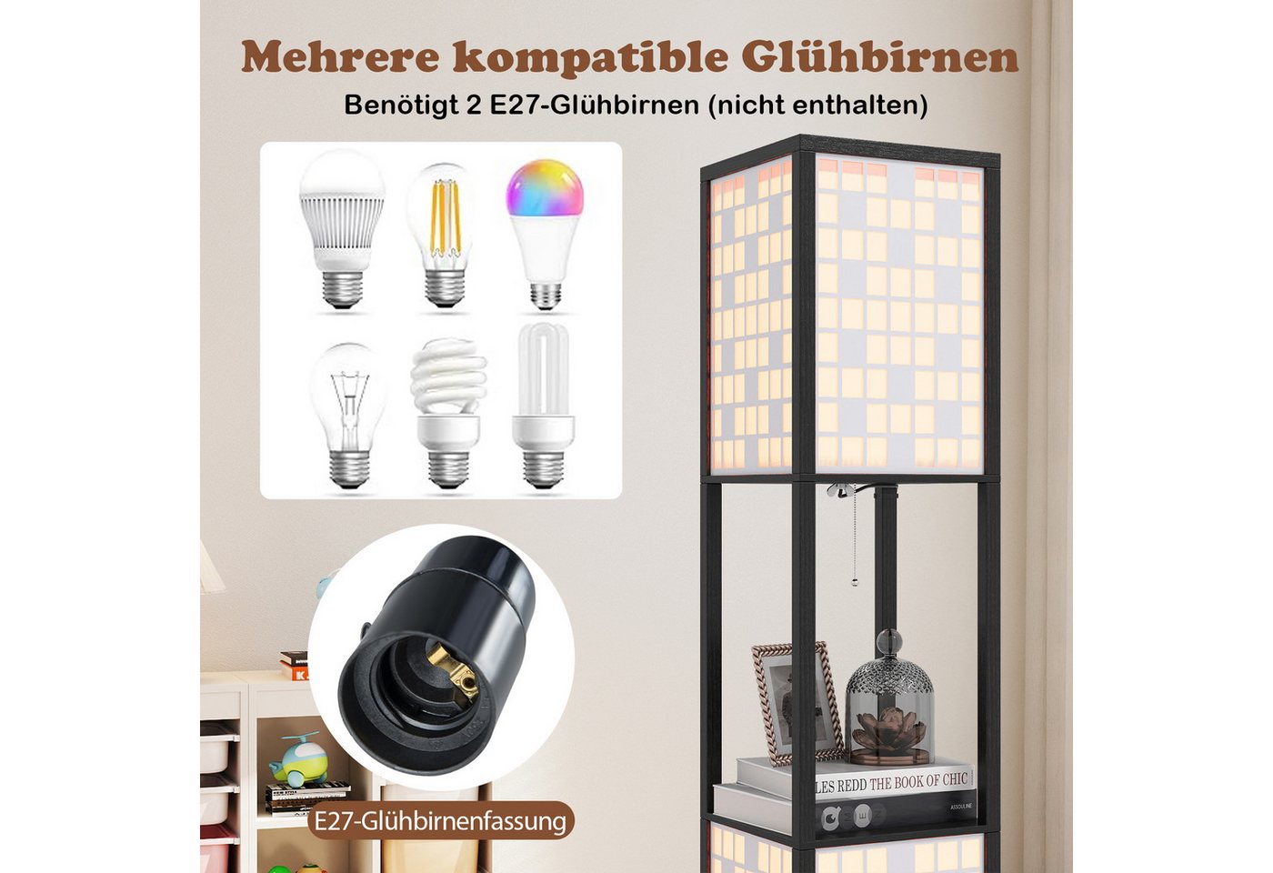 COSTWAY Stehlampe, 156cm Holzregal, Fußschalter, Würfel Muster-Lampenschirmen – Bild 5 von 5