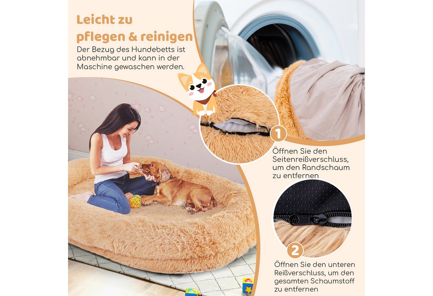 COSTWAY Tierbett, Hundebett mit Kissen & Decke, orthopädisch, aus Plüsch – Bild 4 von 5
