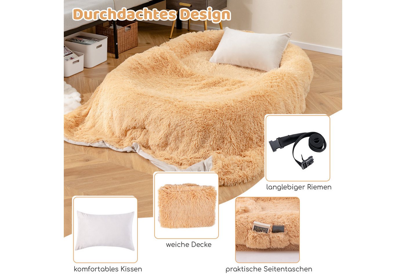 COSTWAY Tierbett, Hundebett mit Kissen & Decke, orthopädisch, aus Plüsch – Bild 5 von 5