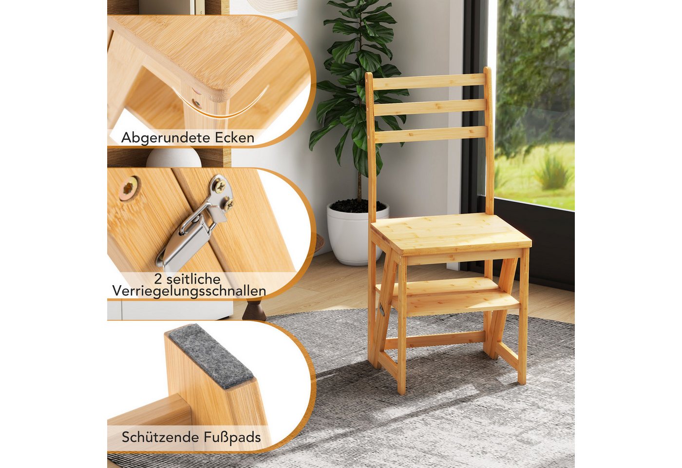 COSTWAY Trittleiter, 3 in 1, Klappstuhl, 3-Stufen, Bambus, 150kg – Bild 4 von 5