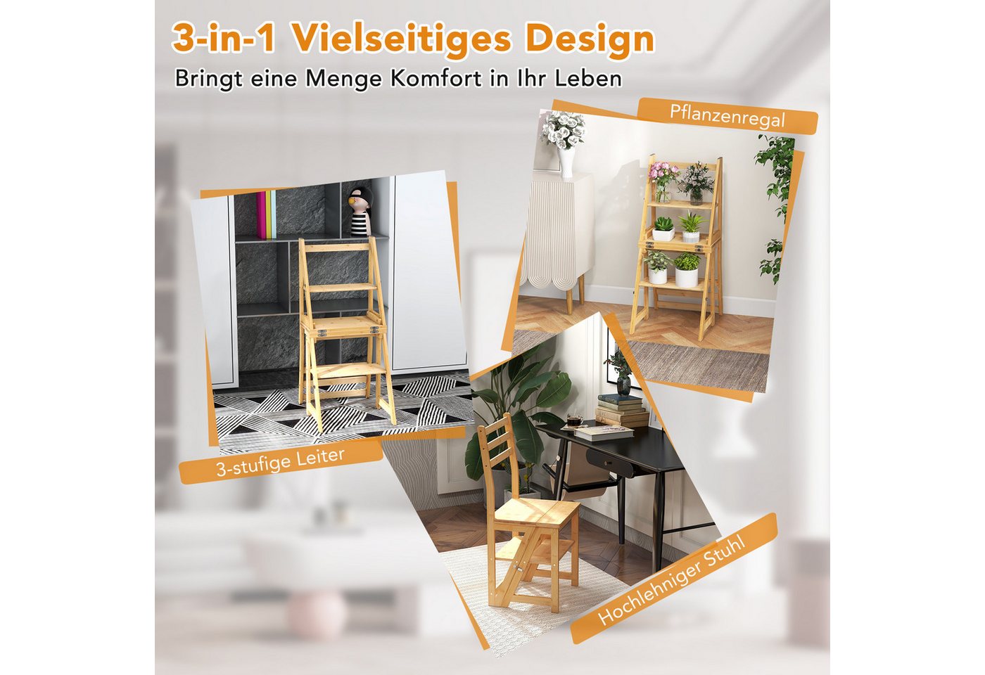 COSTWAY Trittleiter, 3 in 1, Klappstuhl, 3-Stufen, Bambus, 150kg – Bild 5 von 5