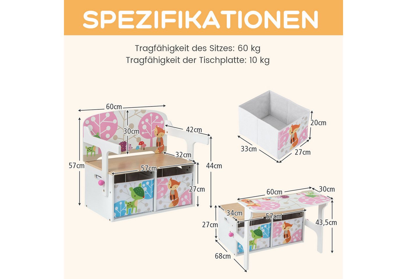COSTWAY Truhenbank, 3 in 1 Kinder Bank, Sitzgruppe mit Aufbewahrung – Bild 2 von 5