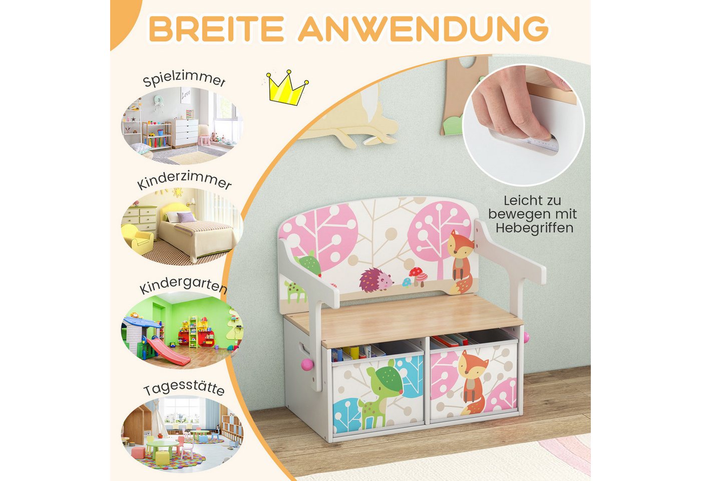 COSTWAY Truhenbank, 3 in 1 Kinder Bank, Sitzgruppe mit Aufbewahrung – Bild 4 von 5