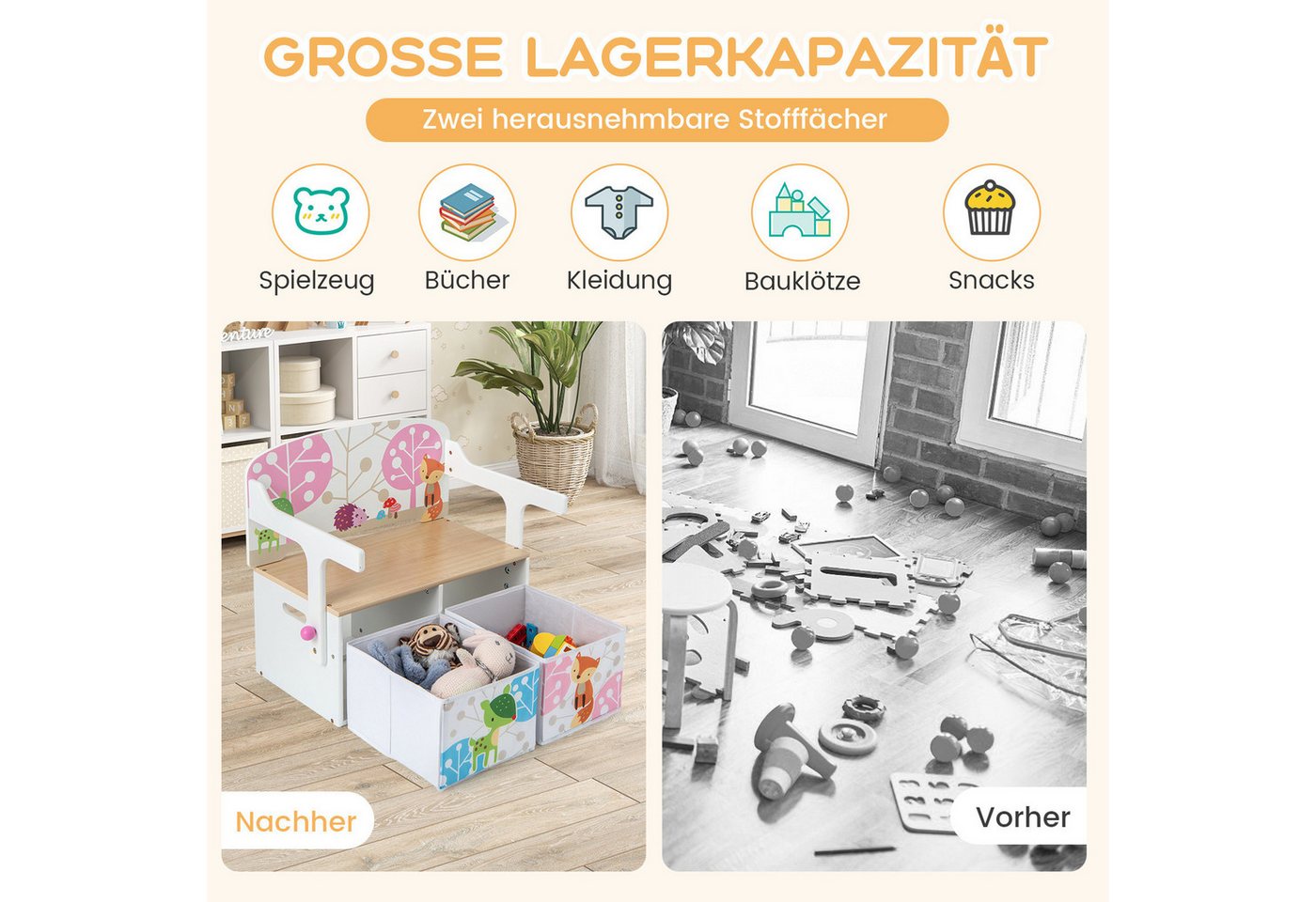 COSTWAY Truhenbank, 3 in 1 Kinder Bank, Sitzgruppe mit Aufbewahrung – Bild 5 von 5