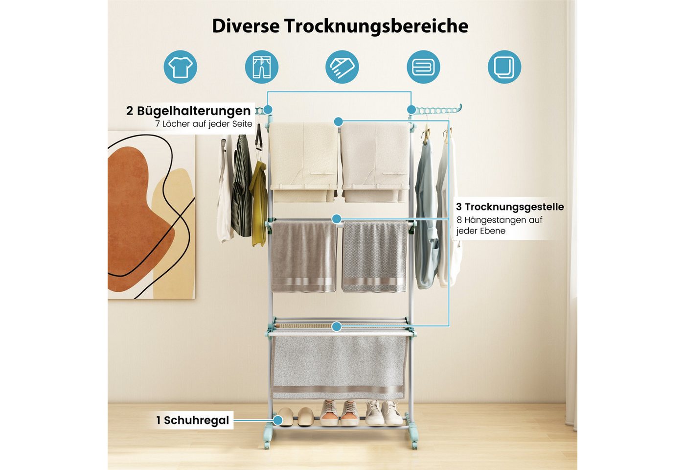 COSTWAY Turmwäscheständer, klappbar, platzsparend, mit Rollen, ausziehbar, 127cm – Bild 2 von 5