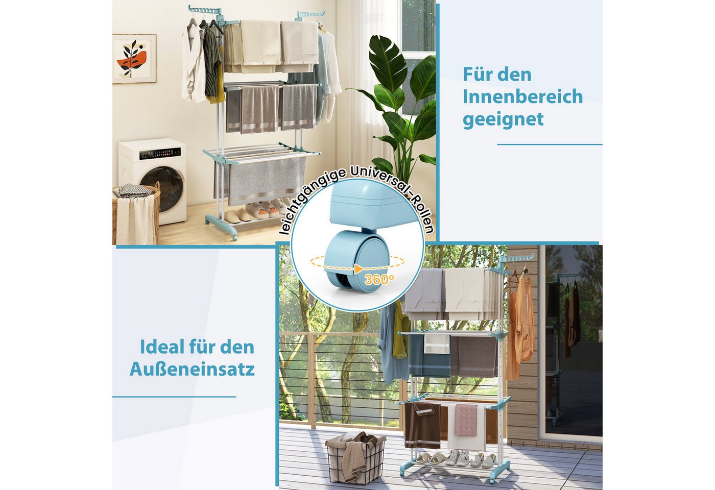 COSTWAY Turmwäscheständer, klappbar, platzsparend, mit Rollen, ausziehbar, 127cm – Bild 3 von 5