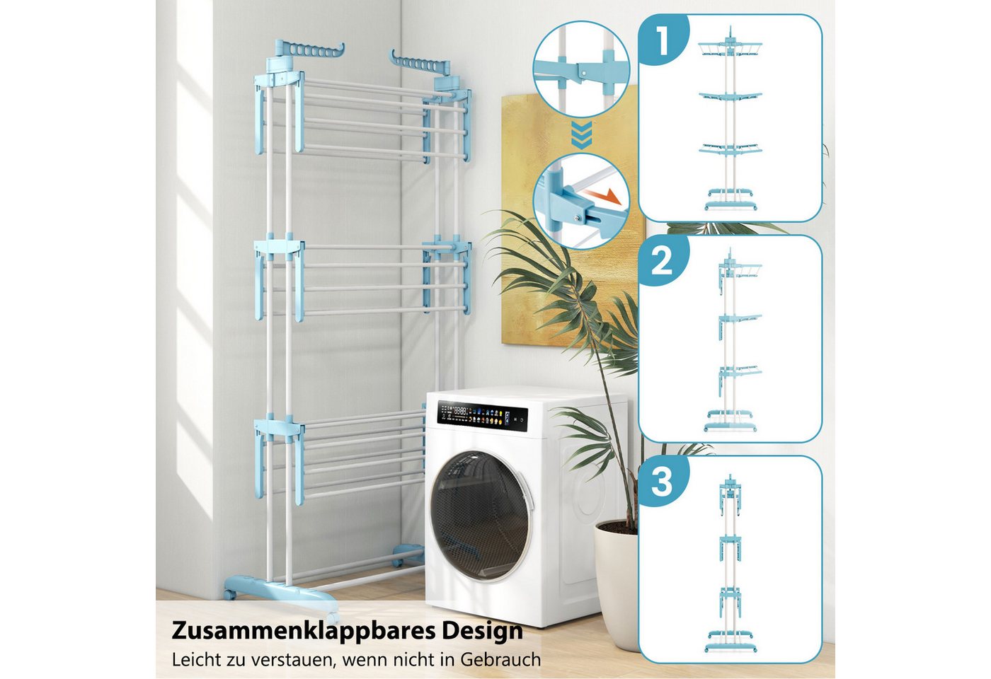 COSTWAY Turmwäscheständer, klappbar, platzsparend, mit Rollen, ausziehbar, 127cm – Bild 4 von 5