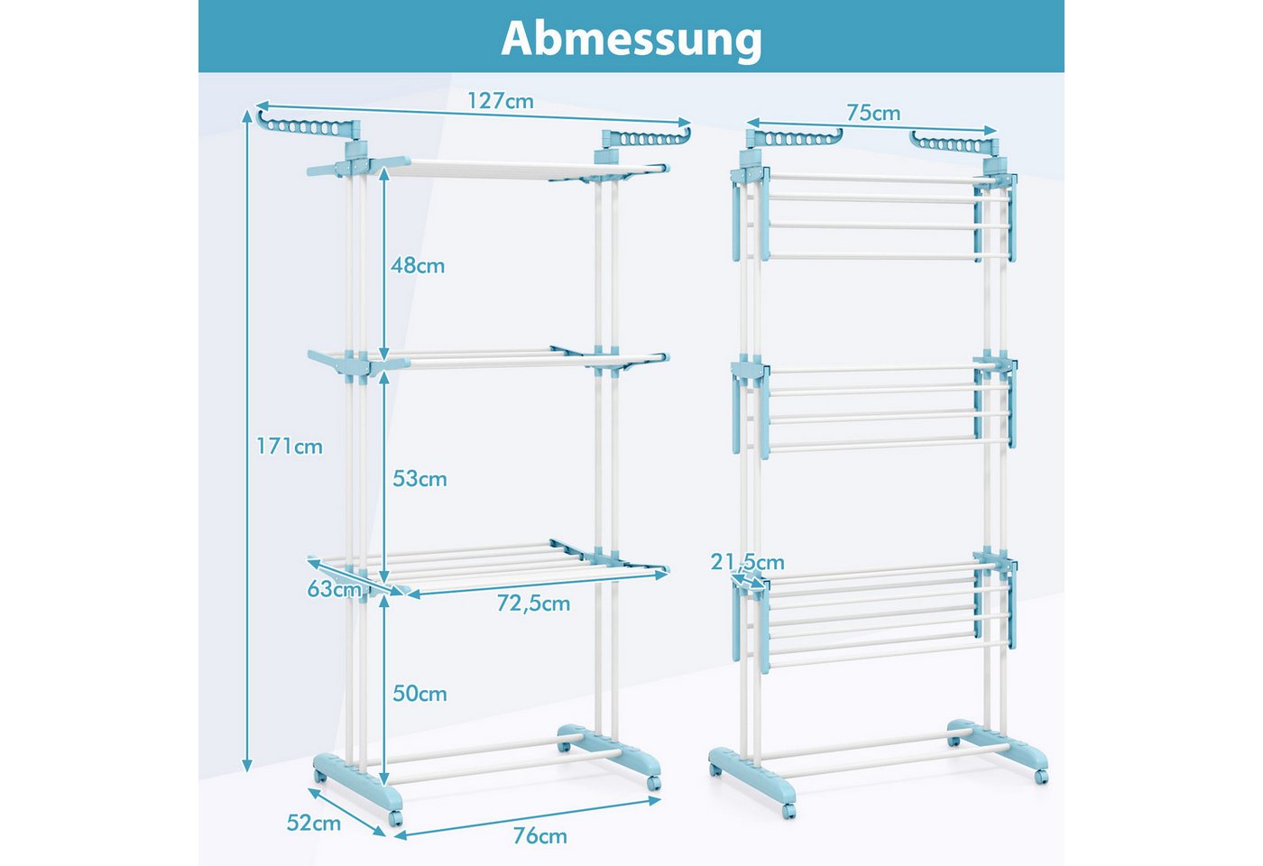 COSTWAY Turmwäscheständer, klappbar, platzsparend, mit Rollen, ausziehbar, 127cm – Bild 5 von 5