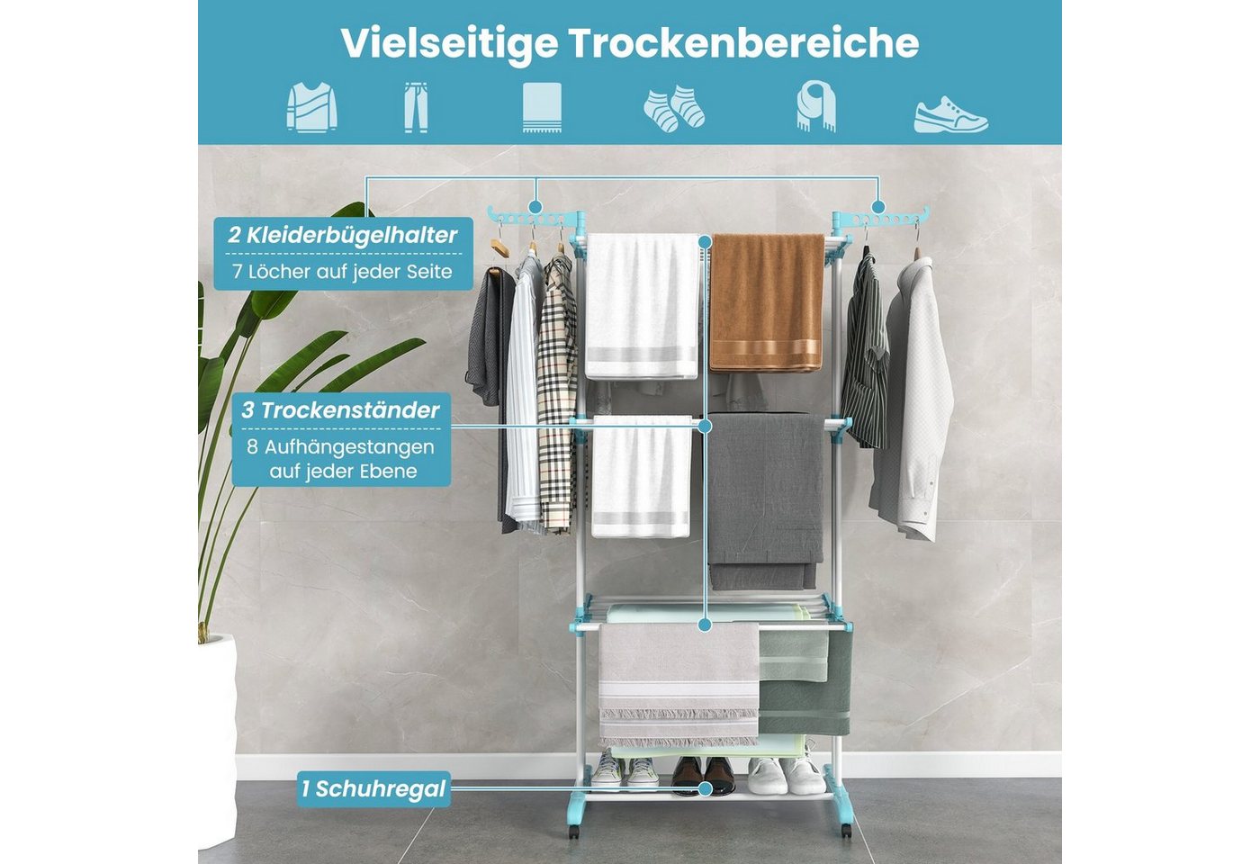 COSTWAY Turmwäscheständer, klappbar, platzsparend, mit Rollen, ausziehbar, 127cm – Bild 2 von 5
